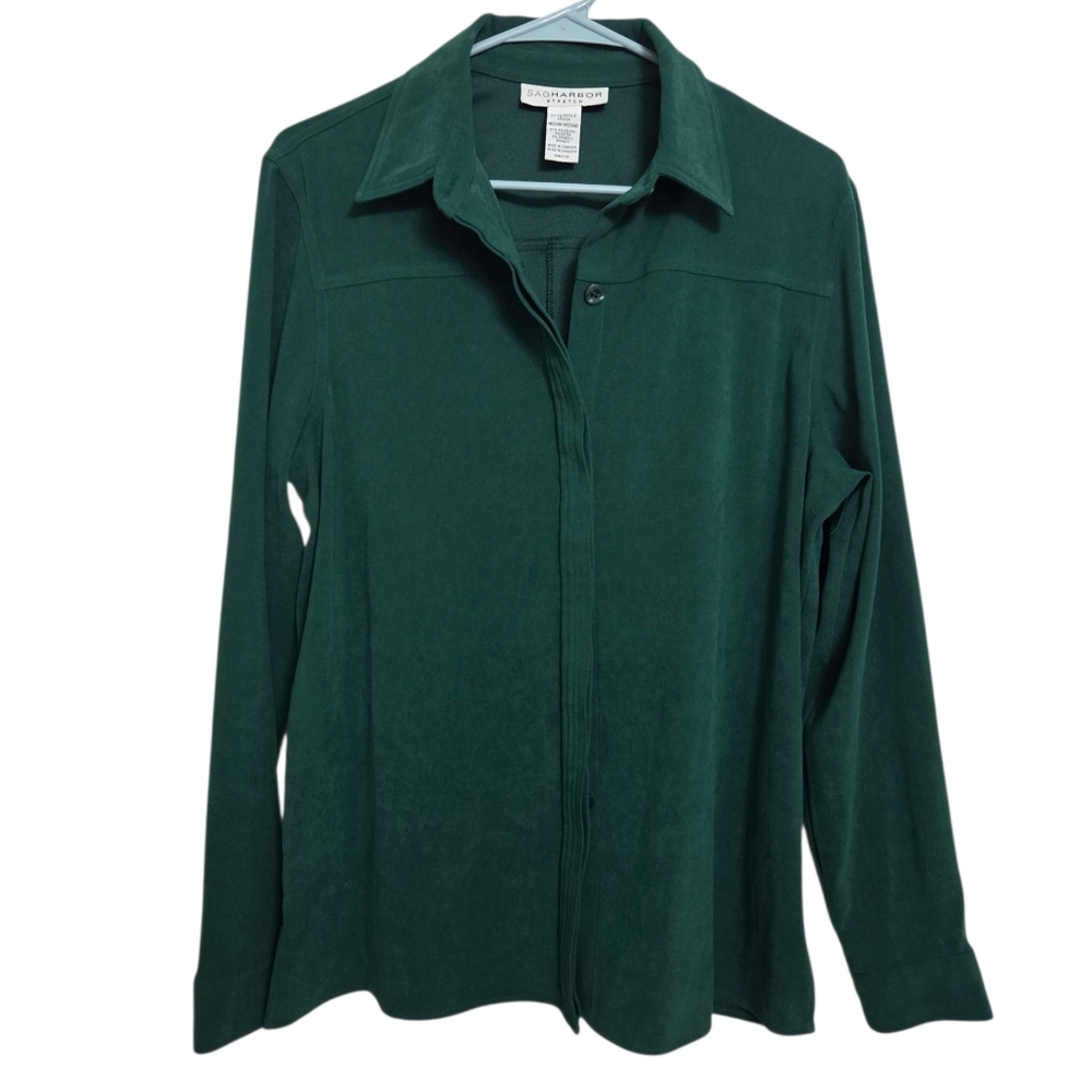 Sag Harbor Women's Dark Green Casual Button Down Shirt (AK04)